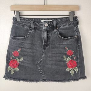 PacSun Black Denim Mini Skirt with Red Rose Embroidery